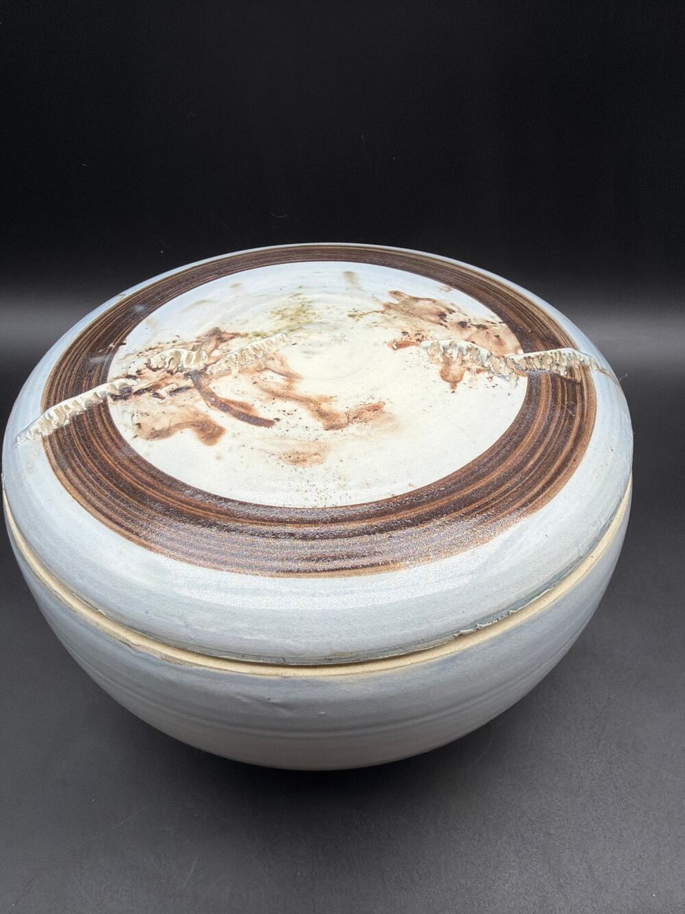 Studio Pottery Lidded Bowl White Blue Stoneware Art 6.5" Signed Crockett MDC